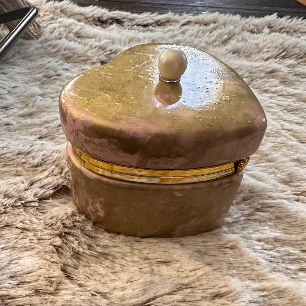 Handcrafted hand painted artisan ceramic pink gold jewelry trinket box